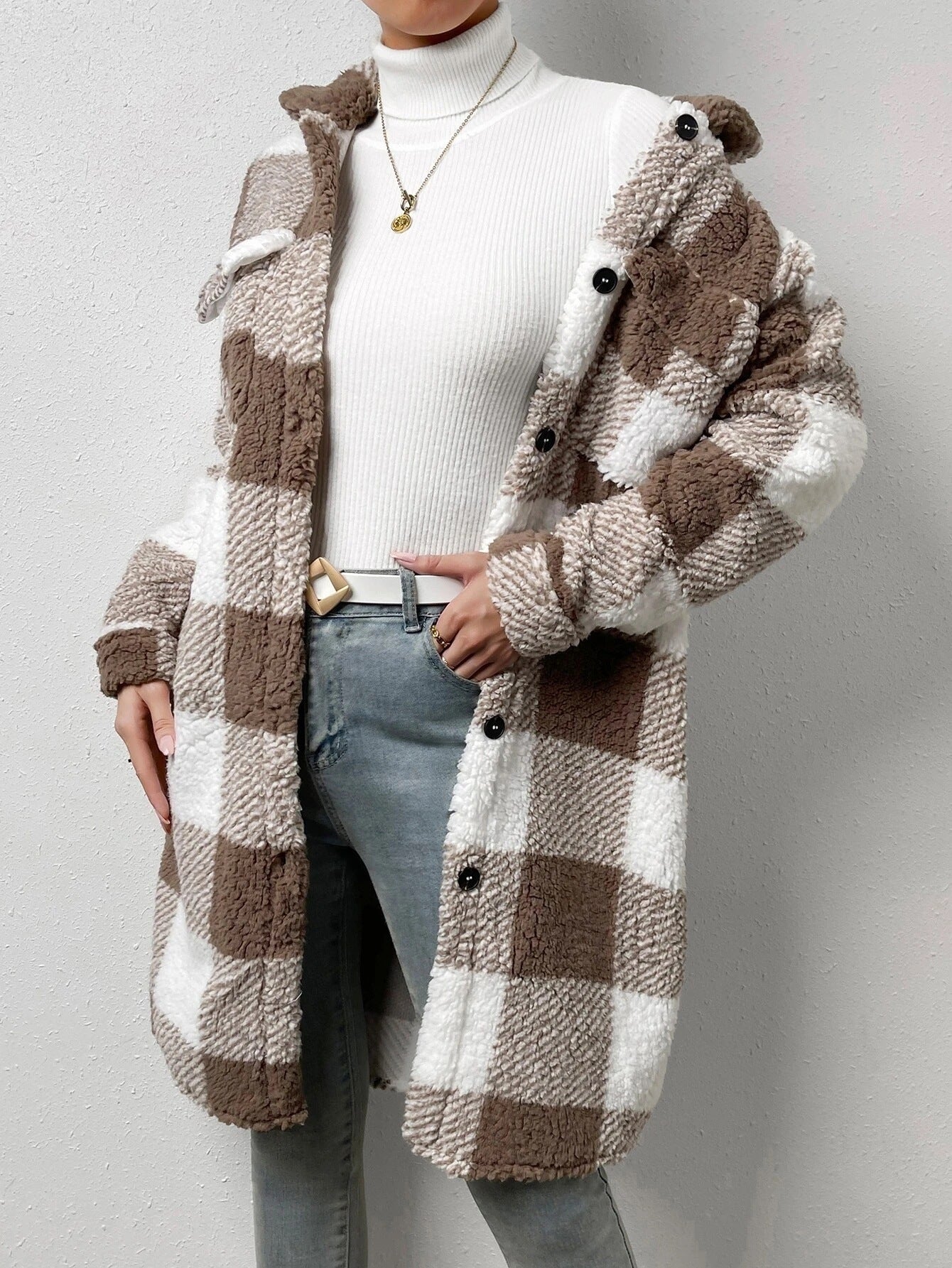 Manteau Long à Carreaux en Laine Douce – Style Décontracté et Tendance